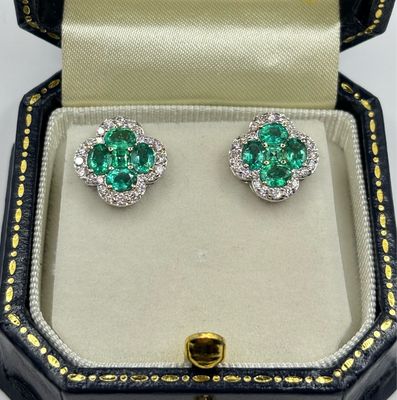 18ct White Gold Clover 1.45ct Emerald & .45ct Diamond “Van Cleef” Style Earrings
