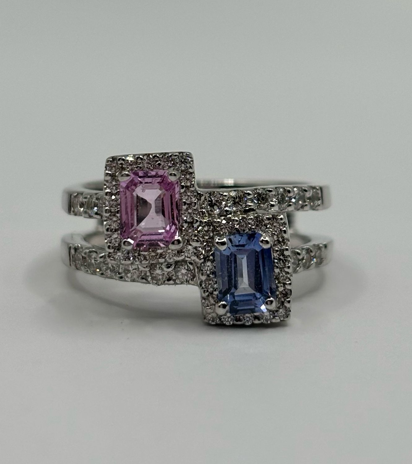 18ct White Gold Pink & Blue Sapphire & Diamond Double Band Ring