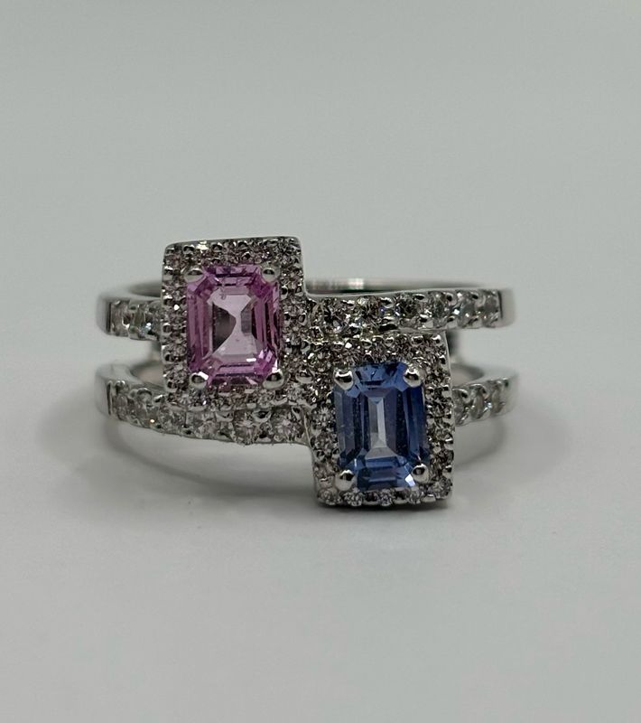 18ct White Gold Pink & Blue Sapphire & Diamond Double Band Ring