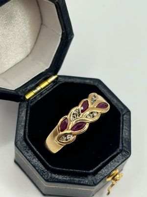 Vintage 9ct Yellow Gold Ruby And Diamond Band Ring
