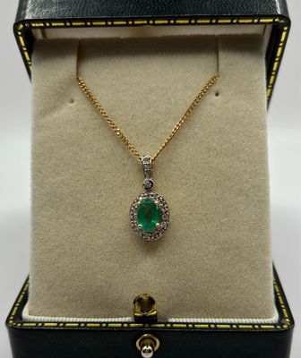 9ct Yellow And White Gold Oval Emerald And Diamond Pendant