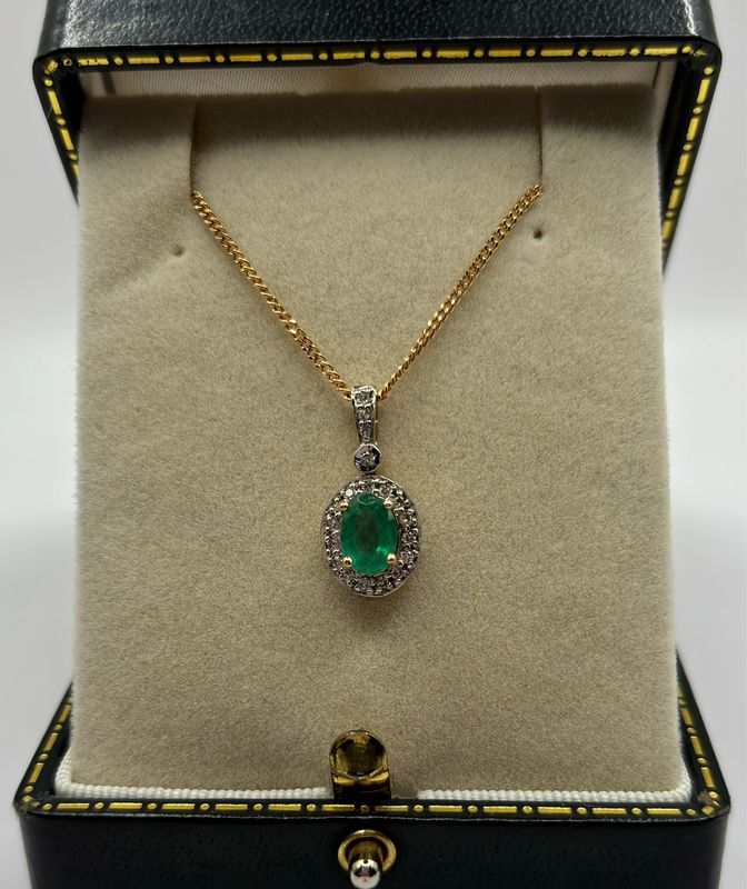 9ct Yellow And White Gold Oval Emerald And Diamond Pendant
