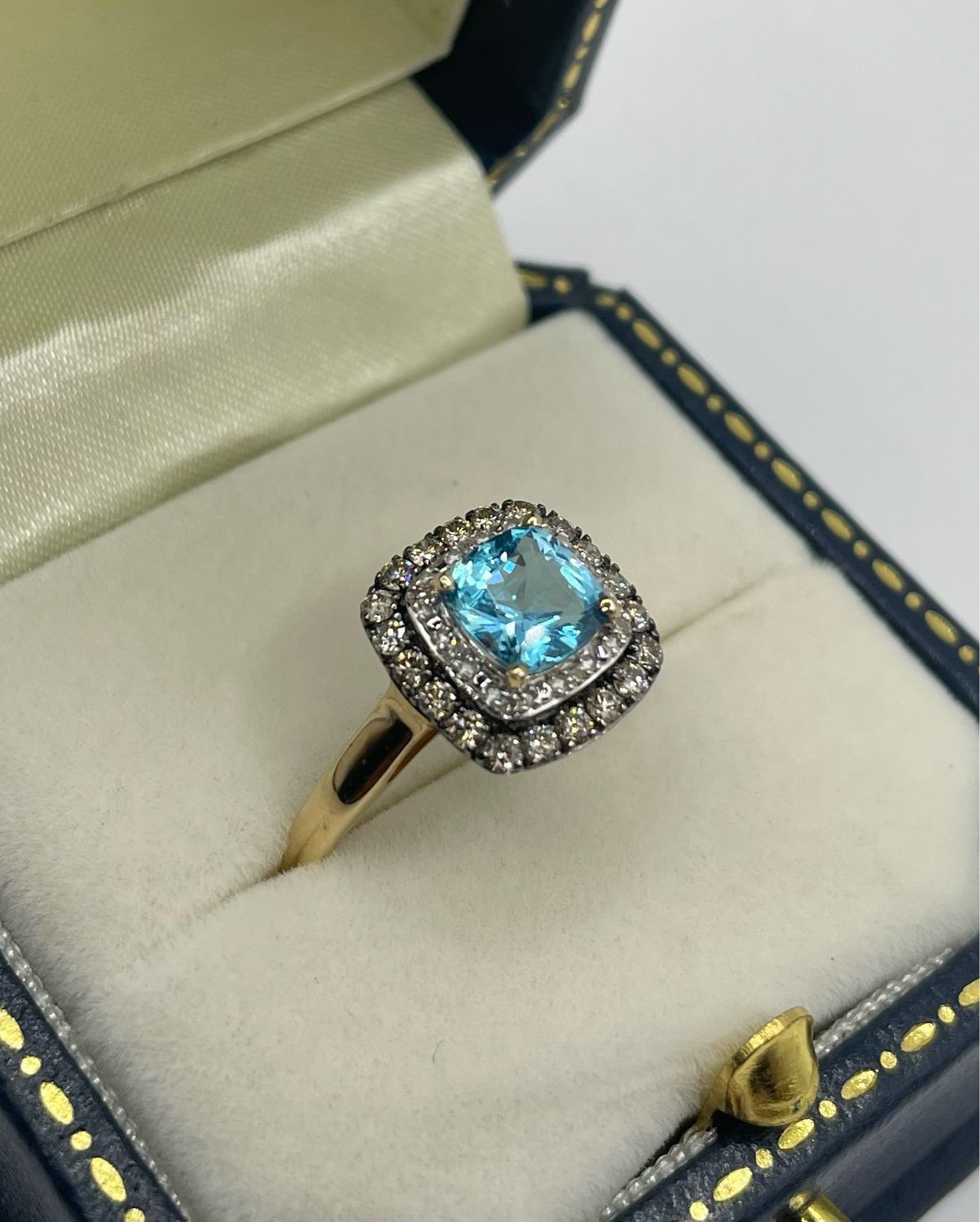 Blue Topaz And Diamond 9ct Yellow Gold  Vintage Square Halo Ring