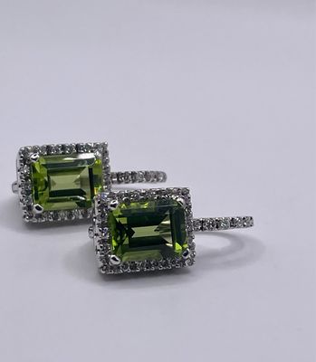 18ct Diamond Drop Earrings With Emerald Cut Peridot’s