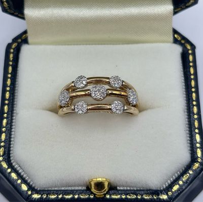 9ct yellow Gold Band Ring With Seven Diamond Clusters