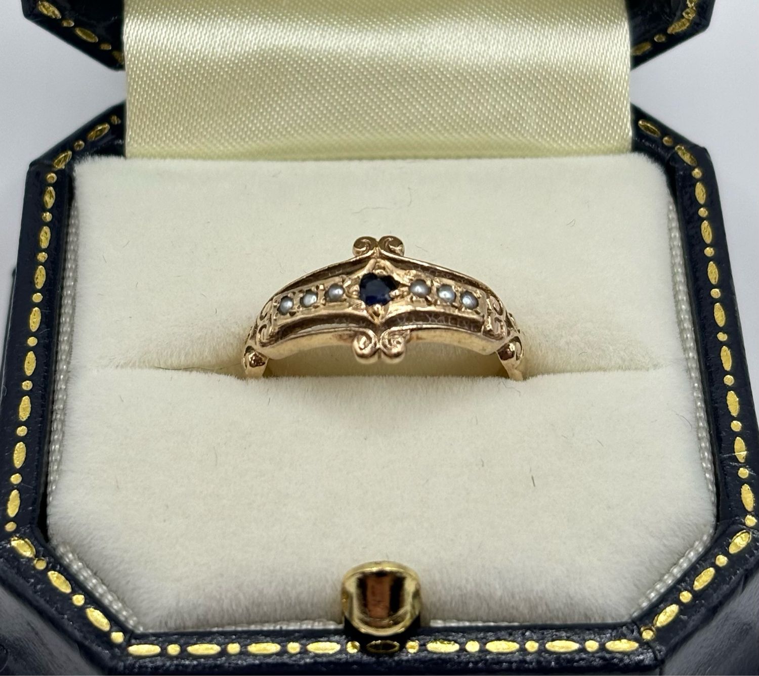 Pretty Sapphire And Seed Pearl 9ct Gold Antique Ring