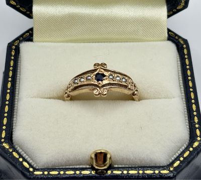 Pretty Sapphire And Seed Pearl 9ct Gold Antique Ring