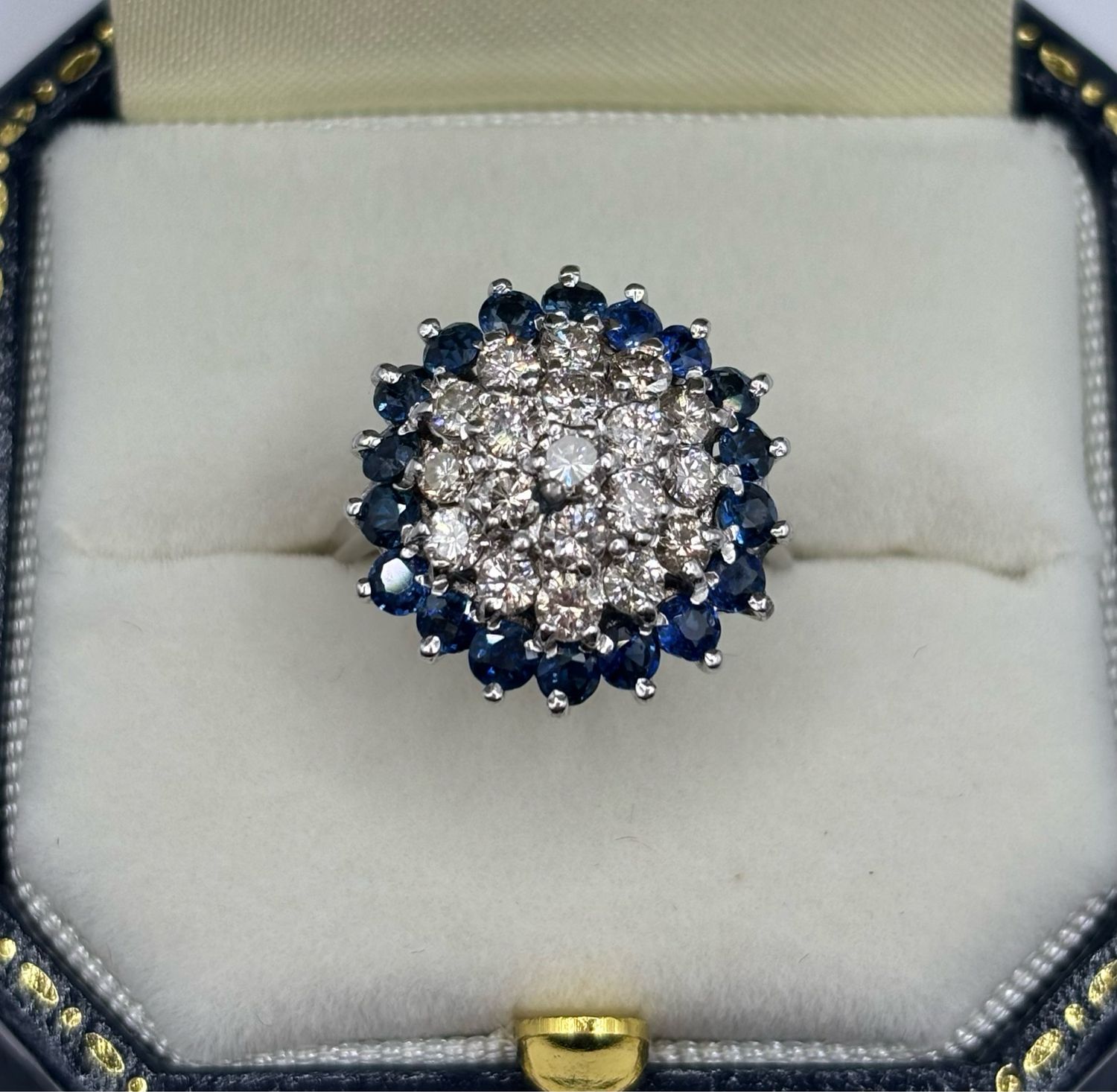 C.1950 Vintage Diamond 18ct Cluster Surrounded With A Halo Of Sapphires