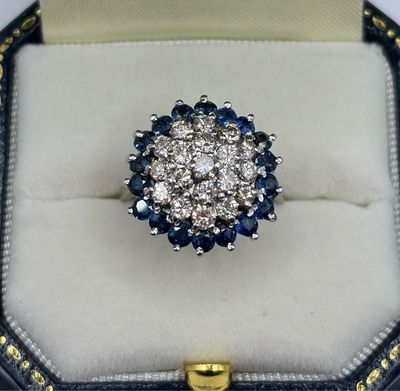 C.1950 Vintage Diamond 18ct Cluster Surrounded With A Halo Of Sapphires