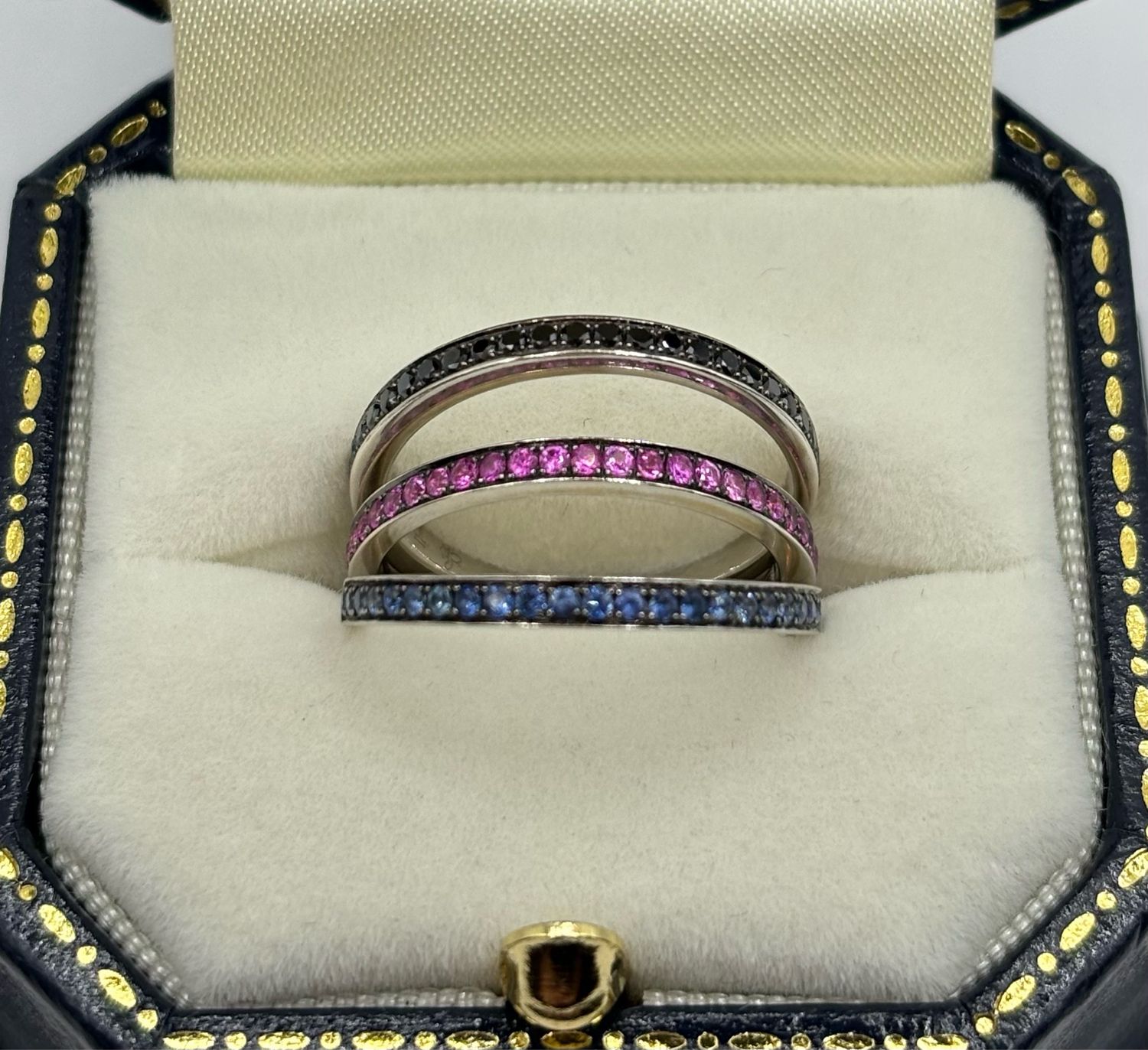 Jewellery Designer Theo Fennel Trio Of Eternity Rings, Black Diamond, Pink & Blue Sapphire