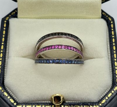 Jewellery Designer Theo Fennel Trio Of Eternity Rings, Black Diamond, Pink & Blue Sapphire