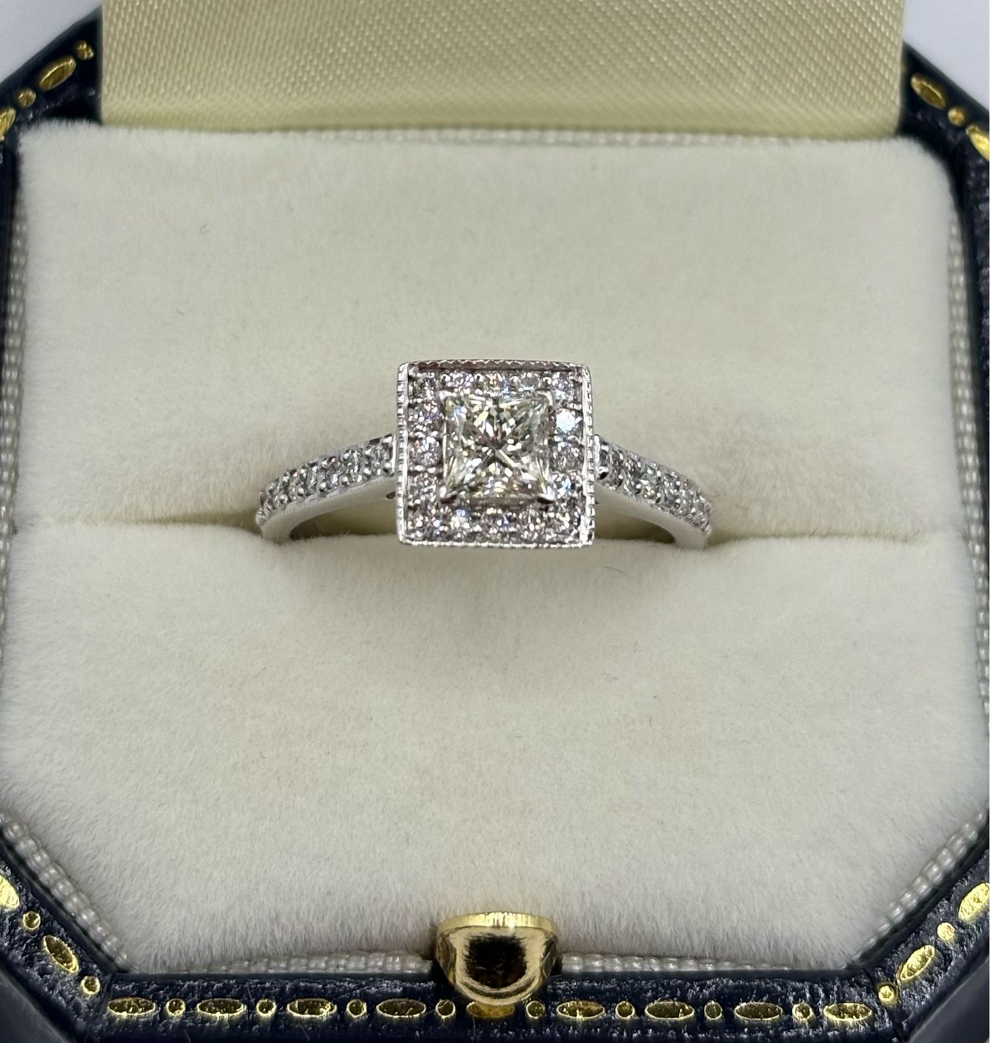 18ct .52ct Princess Cut Diamond Ring With A Halo Of .36ct Diamonds & Diamond Shoulders.