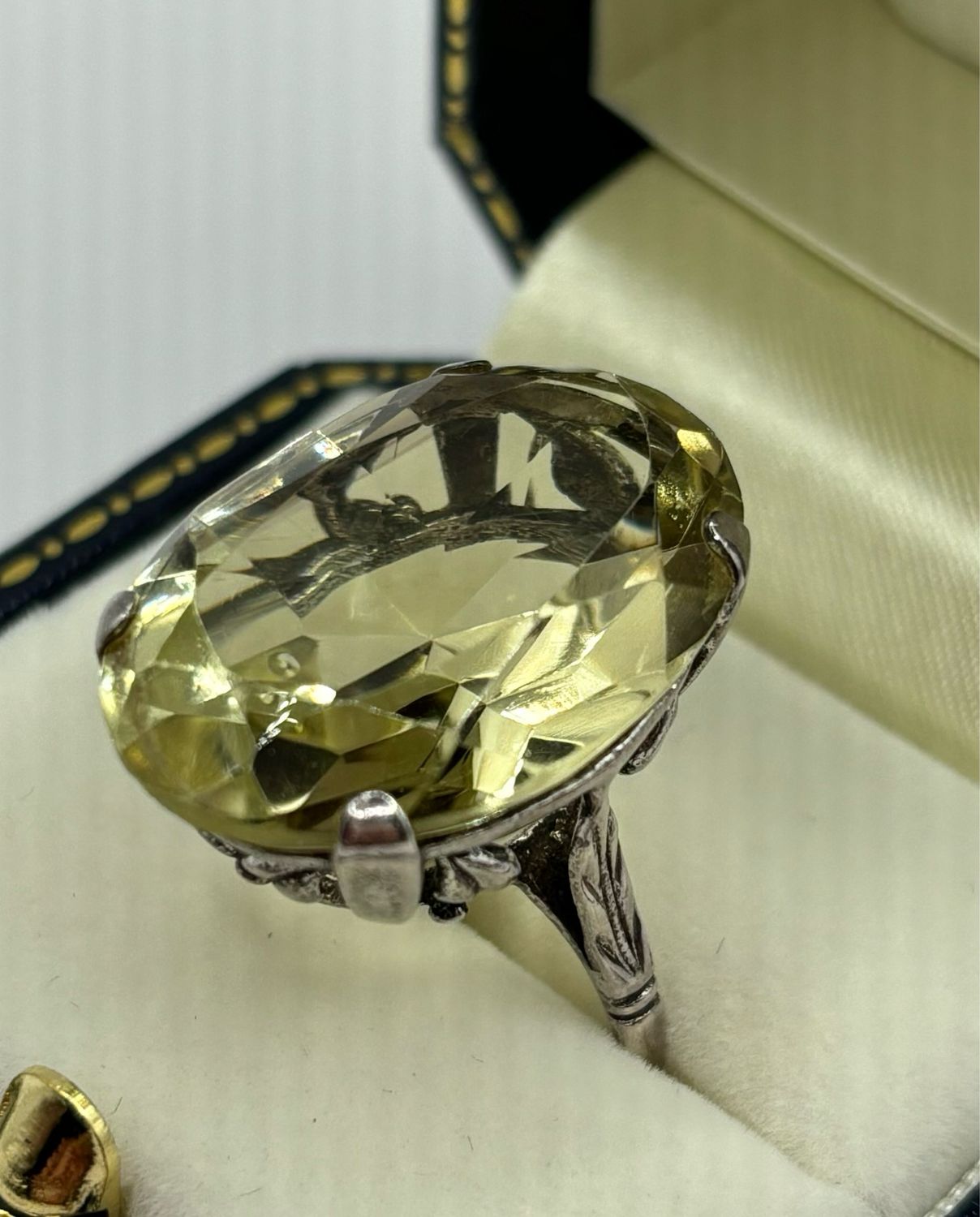 Stunning Art Nouveau Large Lemon Citrine Silver Ring