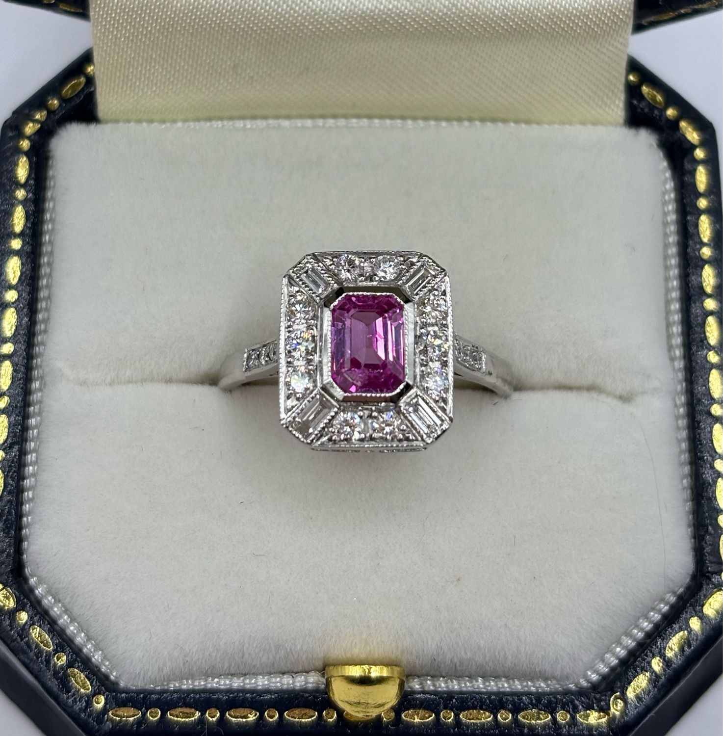 Platinum Deco Style 1ct Pink Sapphire & .50ct Diamond Tablet Ring