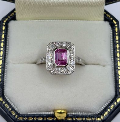 Platinum Deco Style 1ct Pink Sapphire & .50ct Diamond Tablet Ring