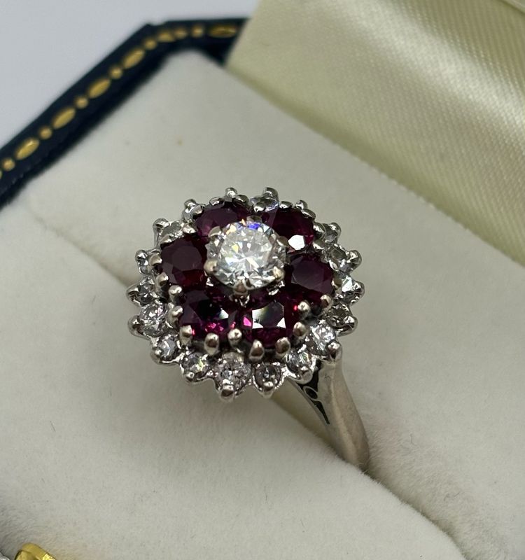 Vintage Ruby And Diamond 18ct White Gold Cluster Ring C.1970