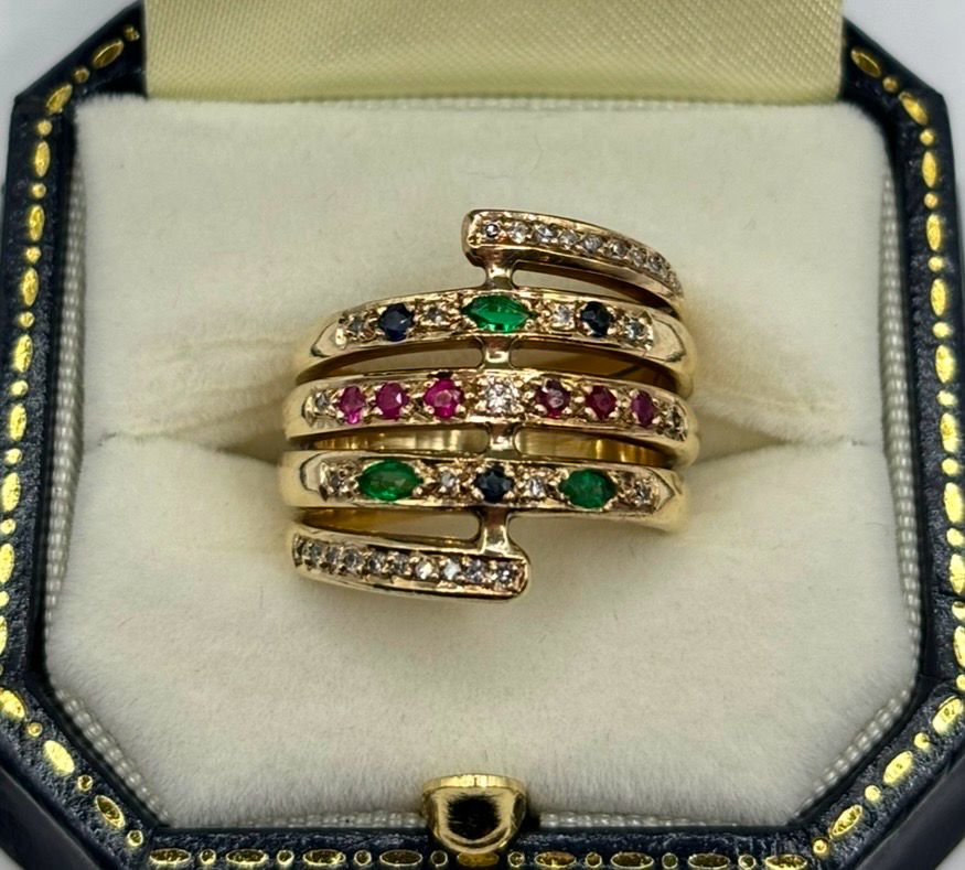 Vintage 18ct Yellow Gold 5 Band Emerald Diamond Ruby & Sapphire Ring
