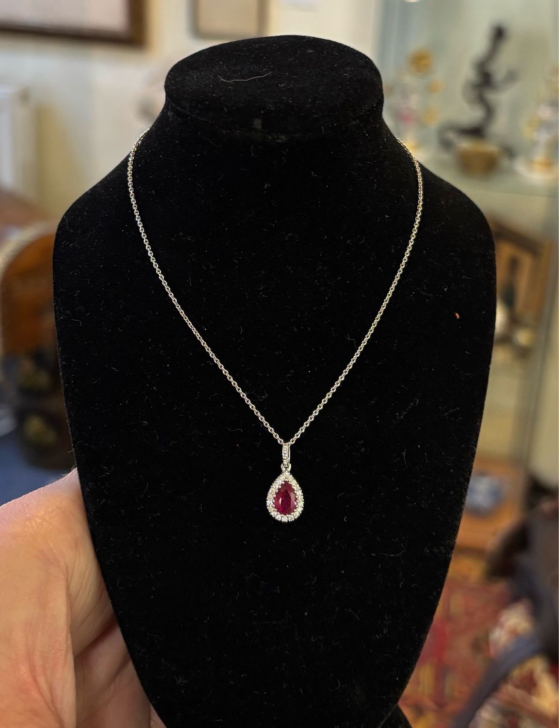 Pear Shape Ruby And Diamond 18ct White Gold Pendant.