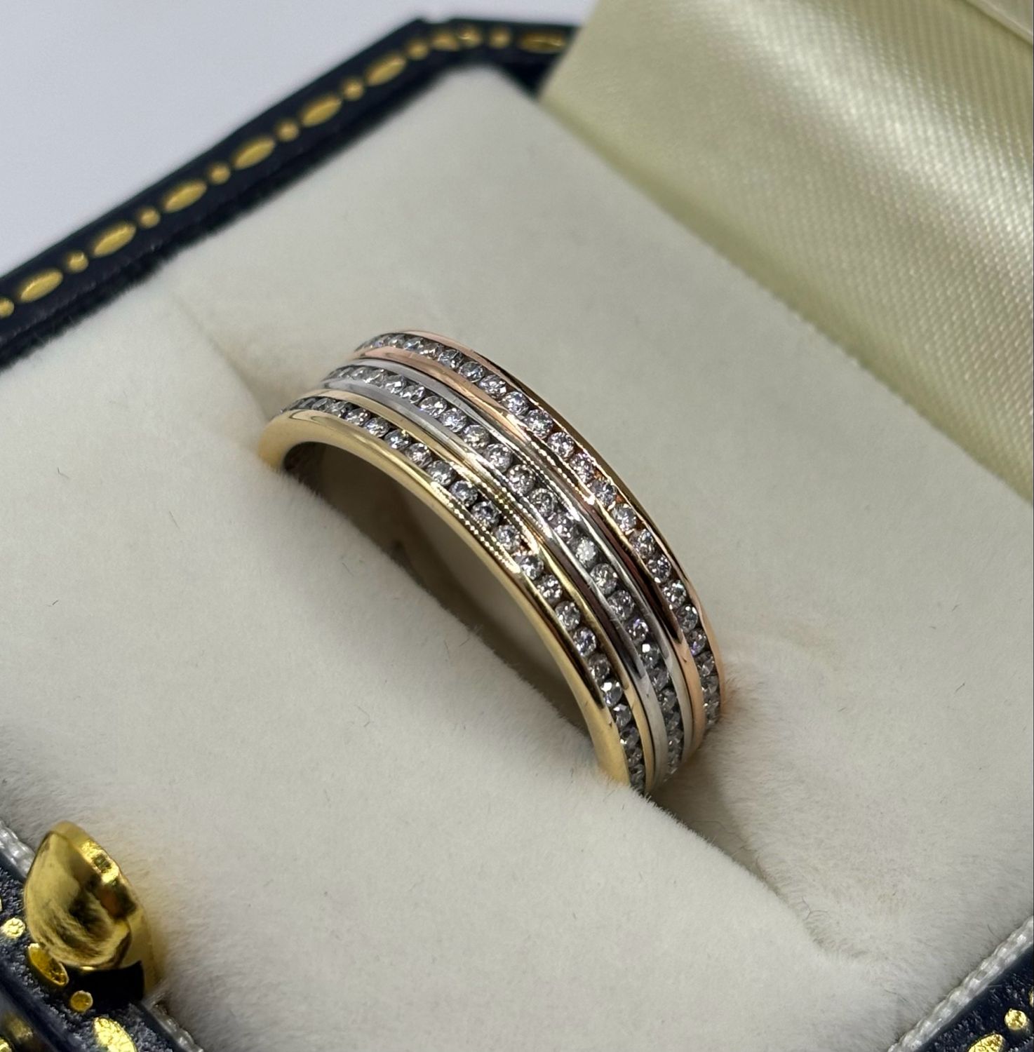 18ct Tri Gold Preloved Band Ring With 90 Brilliant Cut Diamonds In A Channel Setting