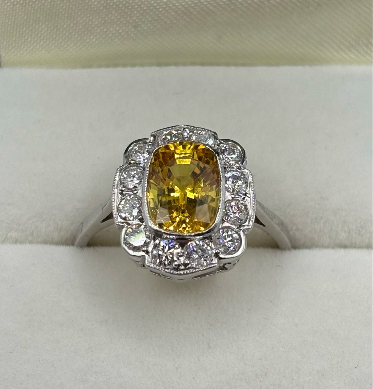 Beautiful 2.10ct Yellow Sapphire And .50ct Diamond Ring Set In Platinum.