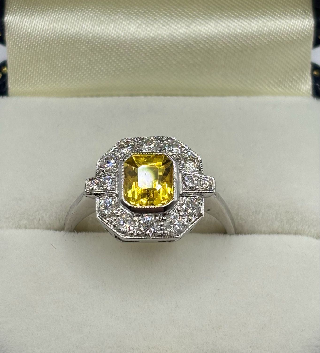 Platinum 1.50ct Yellow Sapphire And .59ct Diamond Deco Design Style Ring