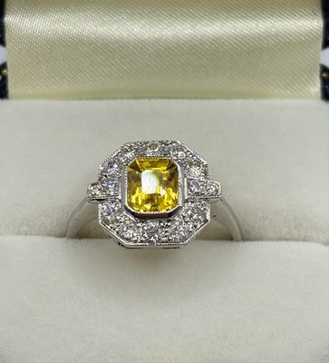 Platinum 1.50ct Yellow Sapphire And .59ct Diamond Deco Design Style Ring