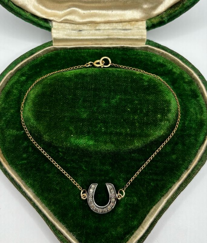 Vintage Rose Cut Diamond 9ct Gold Lucky Horse Shoe Fine Bracelet