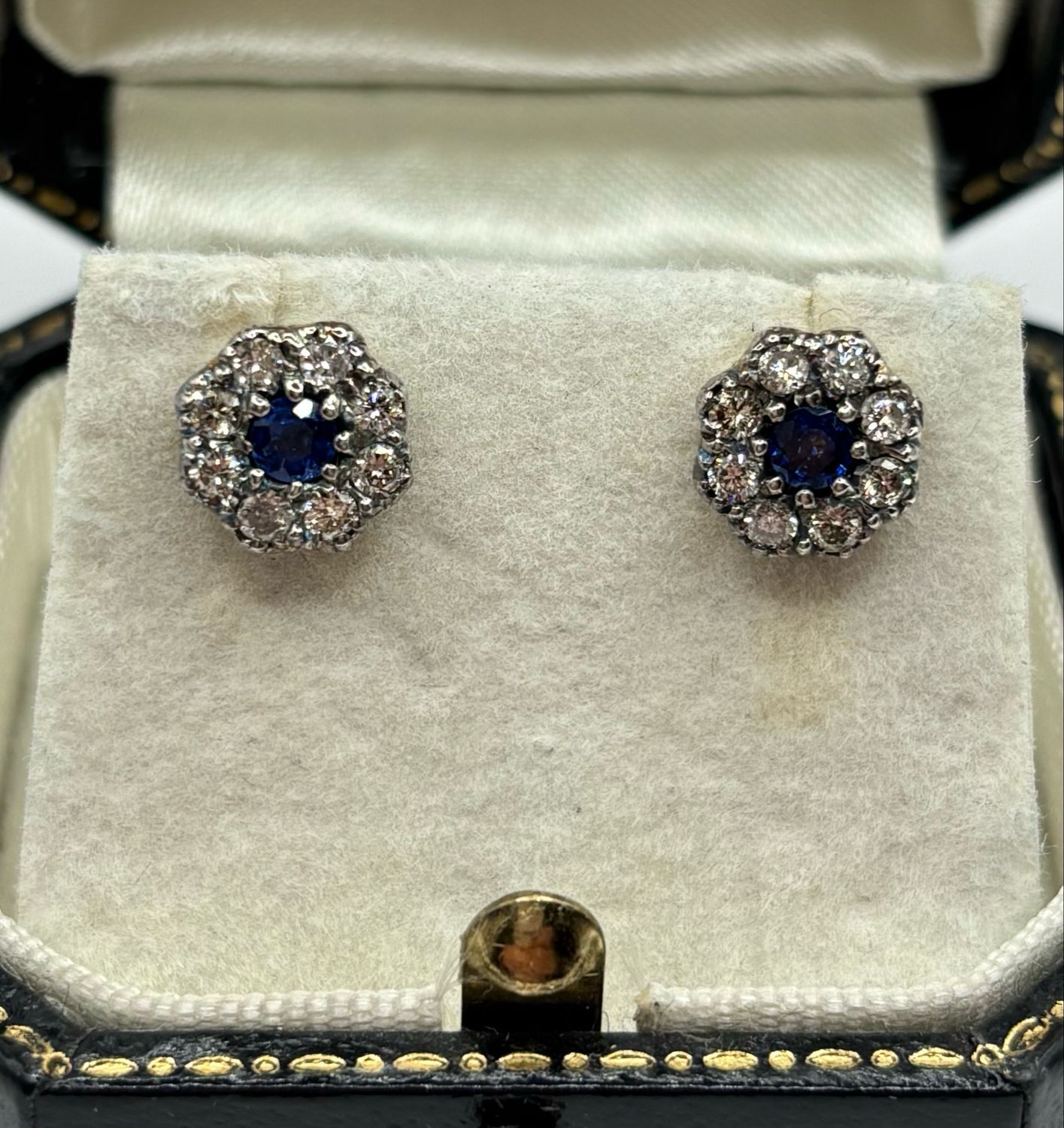 Vintage Sapphire And Diamond Cluster Earrings 18ct Gold And Silverset