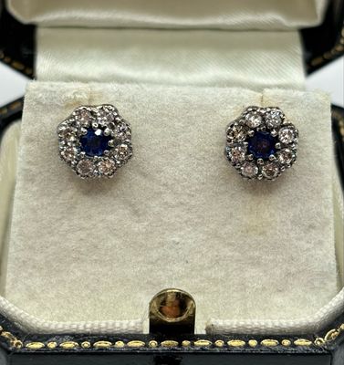 Vintage Sapphire And Diamond Cluster Earrings 18ct Gold And Silverset