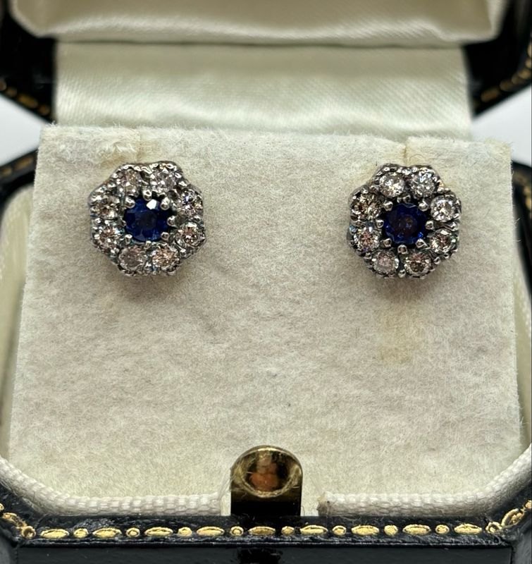 Vintage Sapphire And Diamond Cluster Earrings 18ct Gold And Silverset
