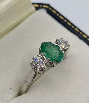 Platinum 1ct Emerald And .65ct Diamond 3 Stone Ring