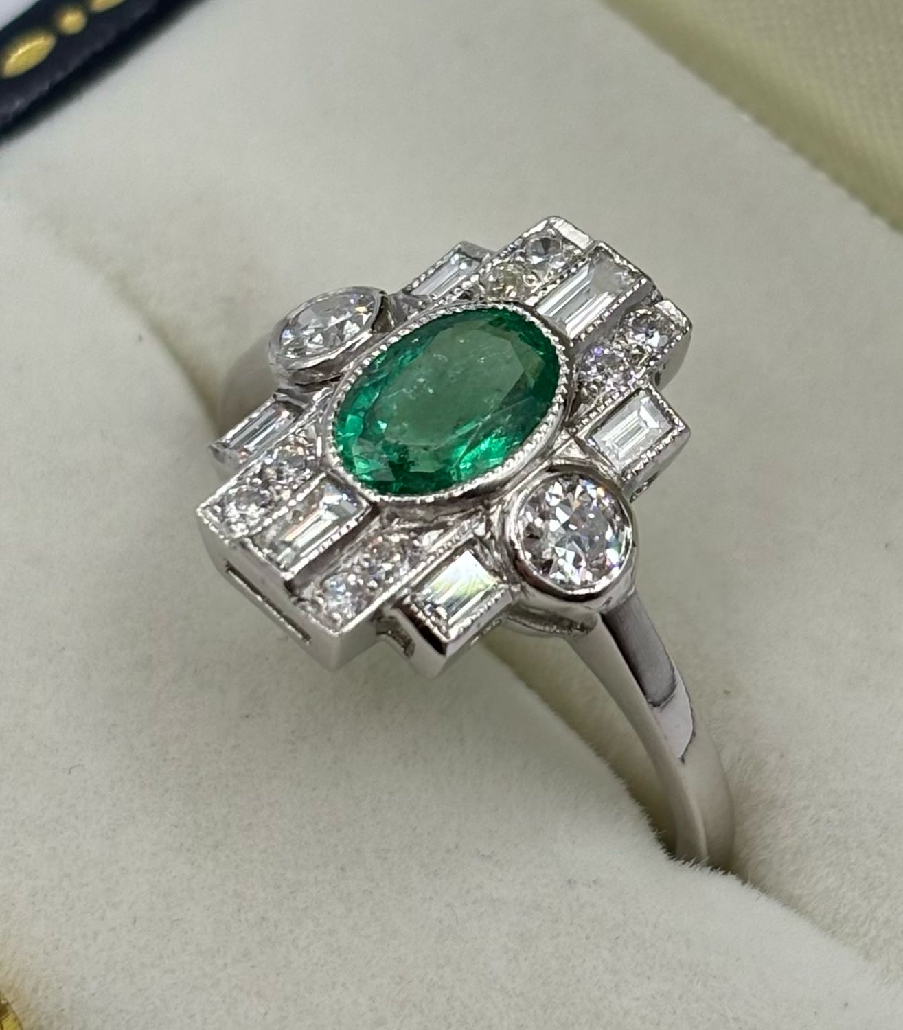 Platinum Deco Style 1ct Emerald And .45ct Diamond Ring