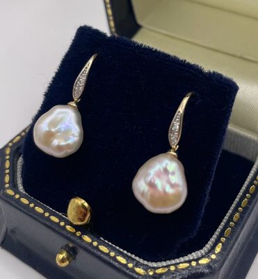 9ct Yellow Gold Keishi Pearl & Diamond Modern Drop Earrings