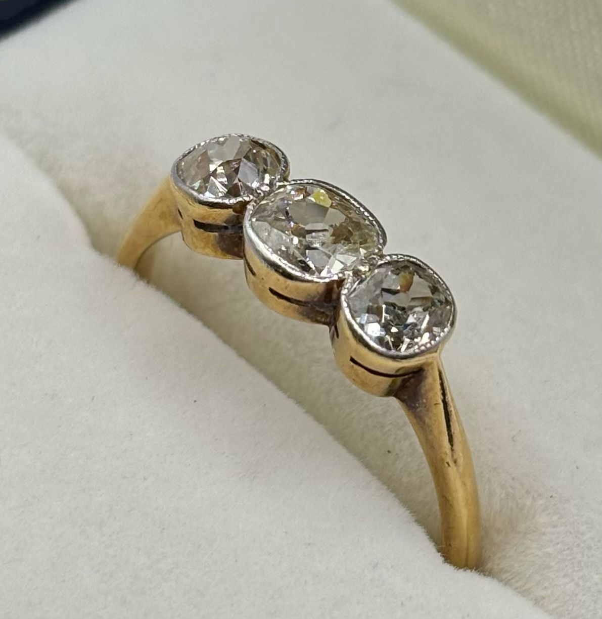 Antique 18ct Yellow Gold & Platinum Three Stone Ring Aprox .75ct Old Cut Diamonds