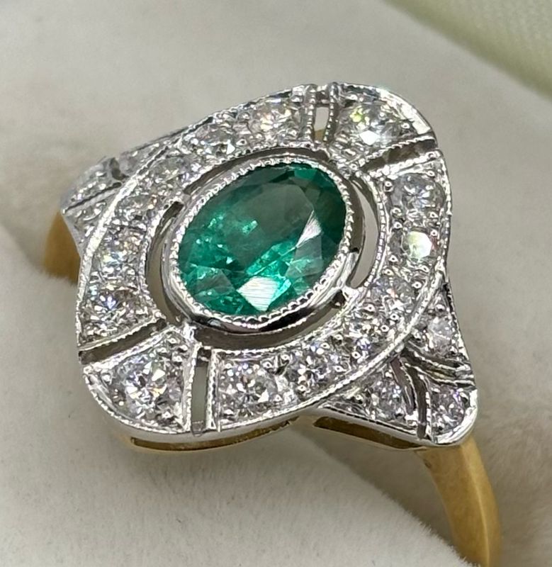 18ct .80ct Oval Emerald And Diamond Deco Style Ring