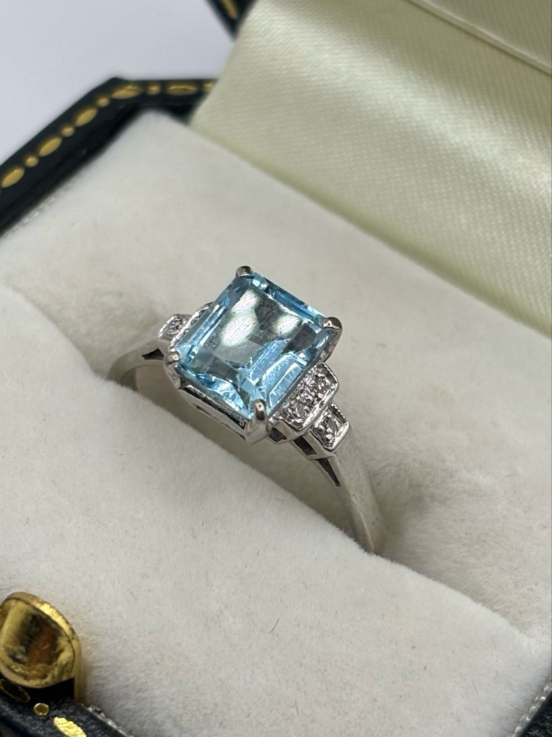 Vintage Art Deco 18ct Ring with Step Cut Aquamarine And Diamond Ring