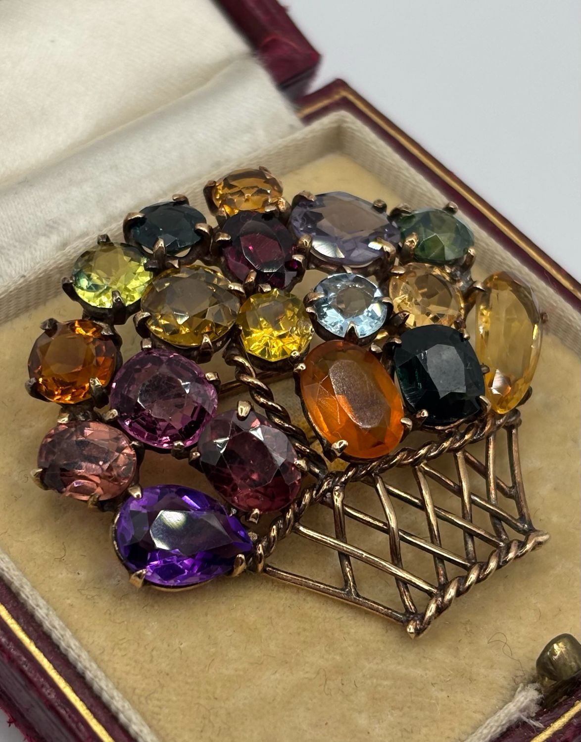 C.1880 Multi Gem Antique 9ct Basket Brooch