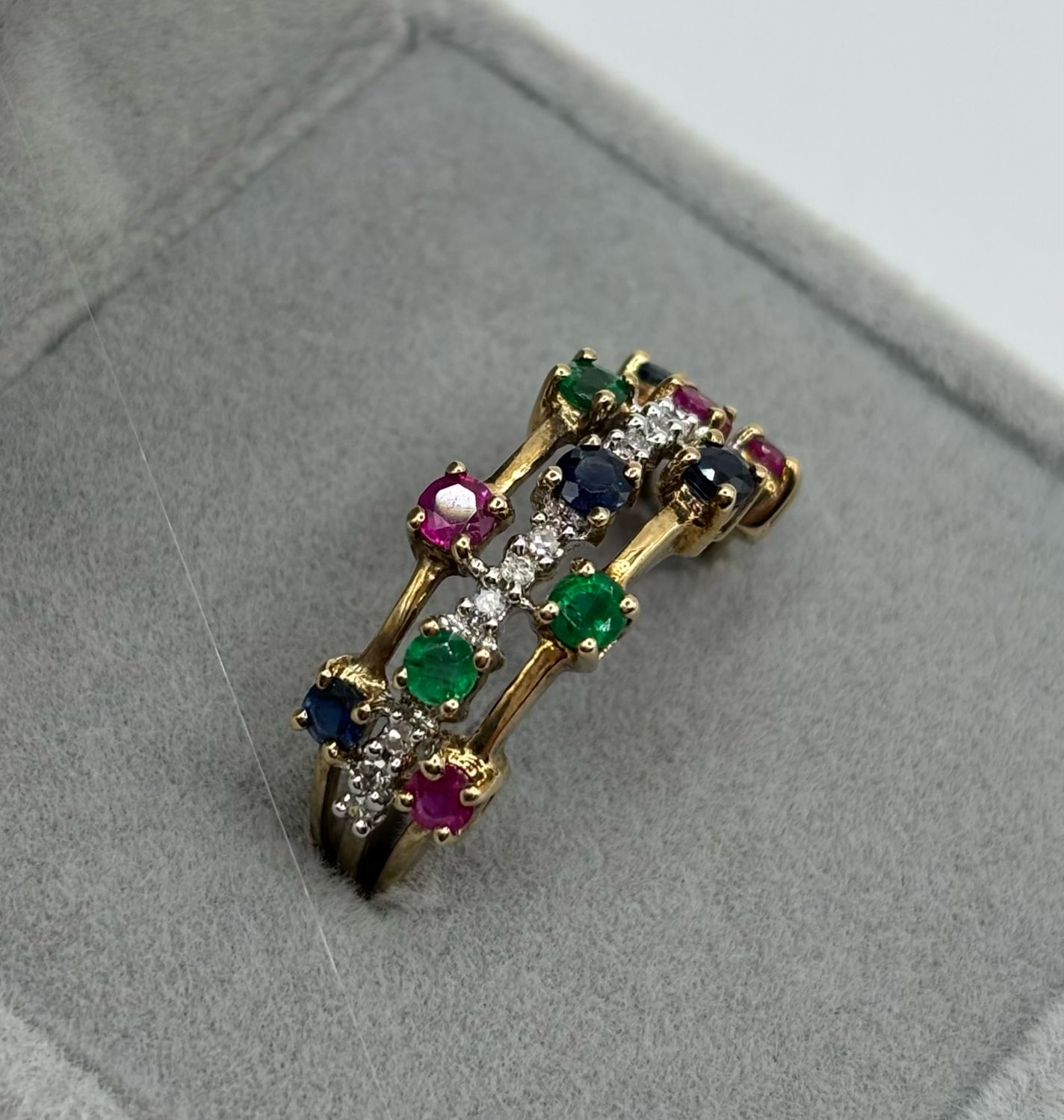 Preloved 9ct Yellow Gold Diamond Sapphire Emerald And Ruby Ring