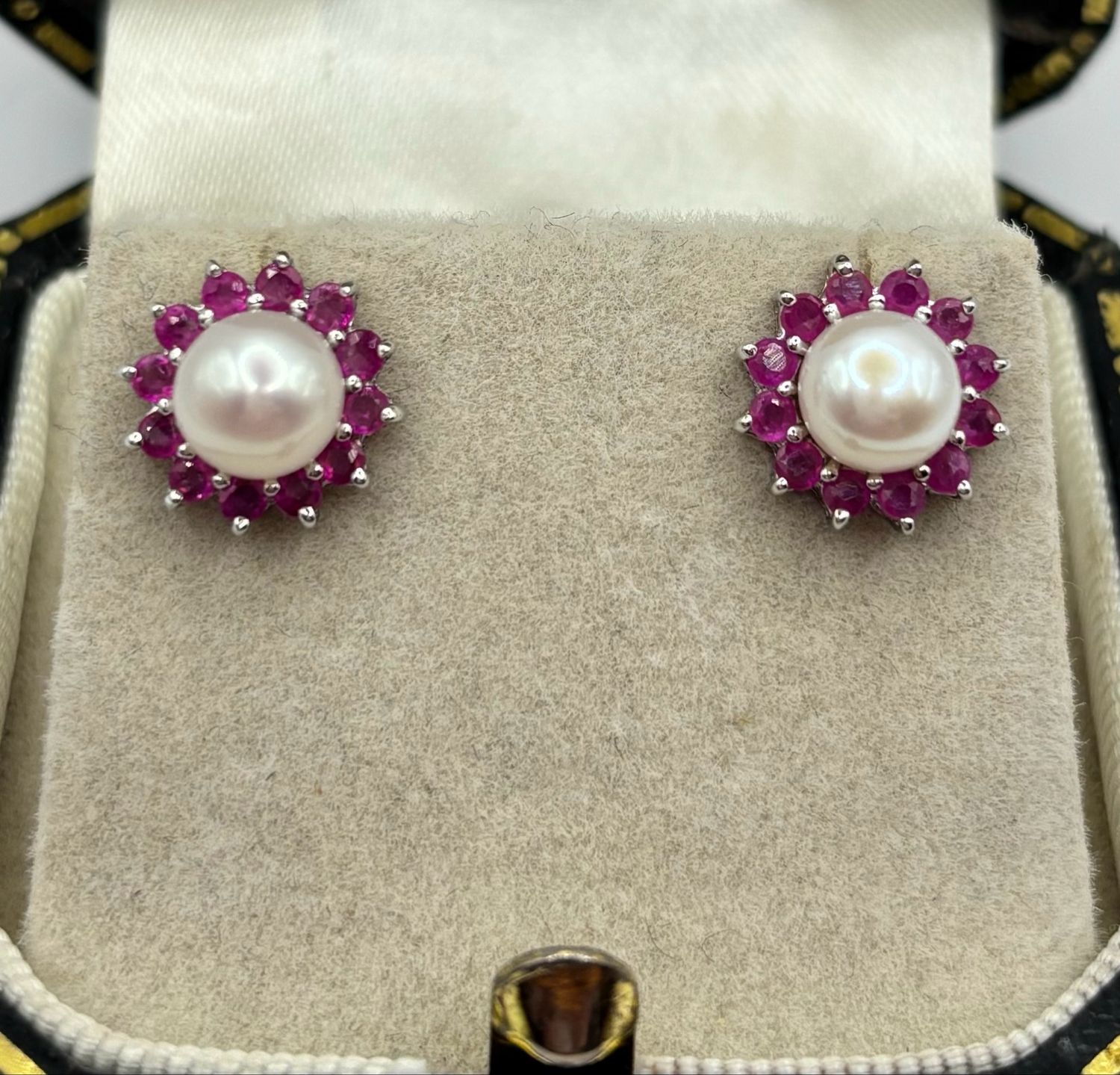 Ruby And Pearl Cluster Earrings Set In Silver