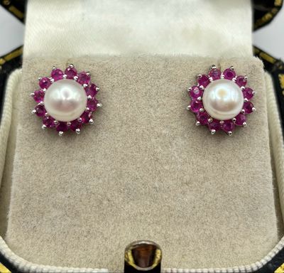 Ruby And Pearl Cluster Earrings Set In Silver
