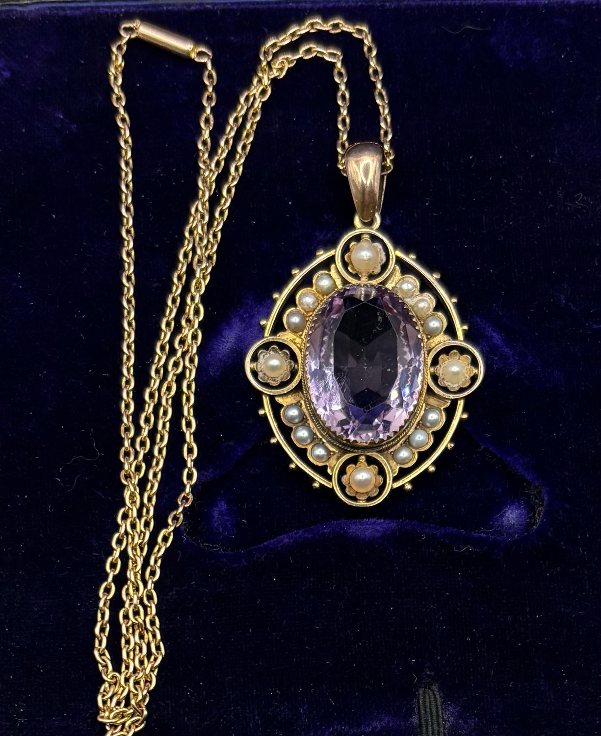 Victorian Amethyst And Pearl 15ct Pendant & 18ct Gold Chain