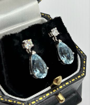 3ct Pear Cut Aquamarine & Diamond 18ct White Gold Drop Earrings