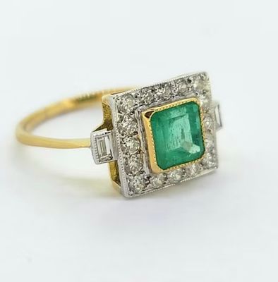 18ct Yellow Gold 1.20ct Square Emerald & .45ct Diamond Ring.