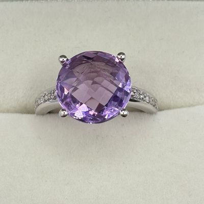 9ct White Gold Round Faceted Amethyst And Diamond Ring