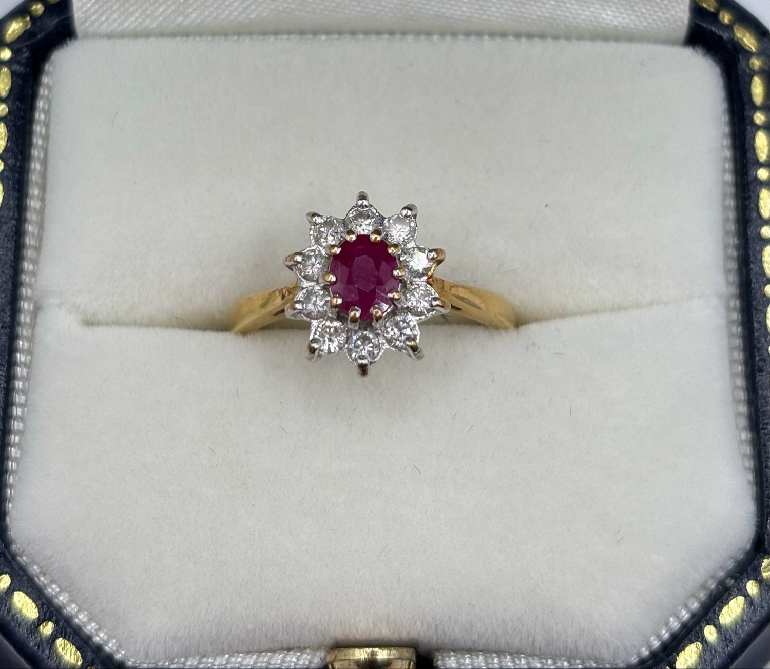Vintage Ruby And Diamond Oval Cluster 18ct Gold Ring