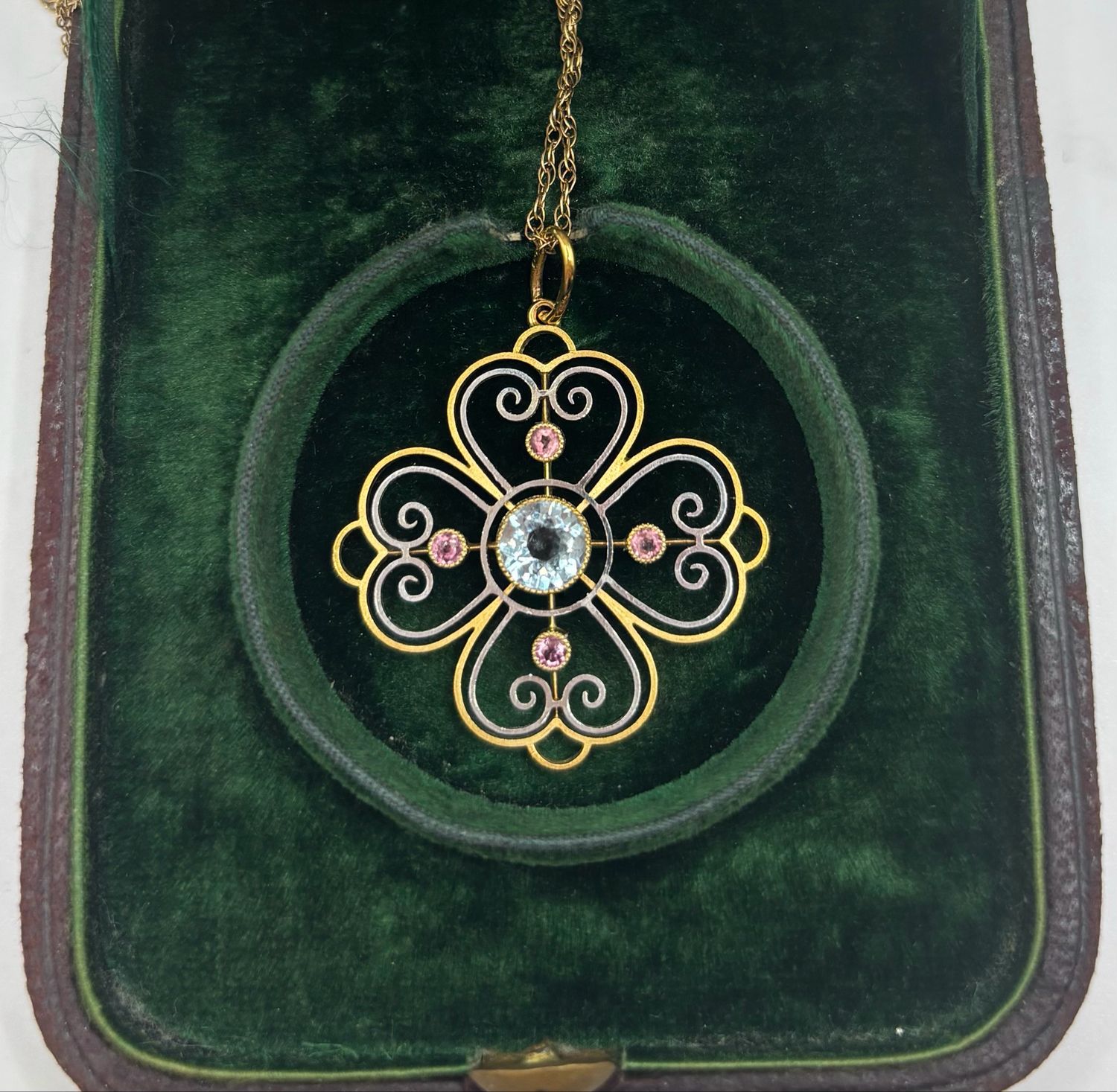 Vintage Edwardian 9ct Gold Pendant With Blue Topaz And Pink Tourmalines