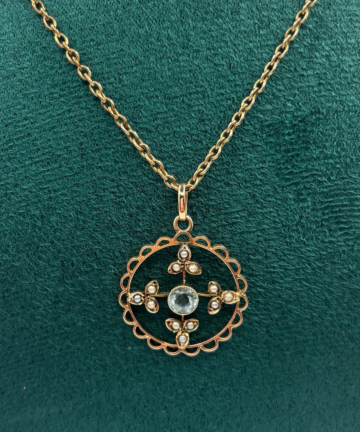 Vintage Pretty 9ct Gold Open Work Pendant With Blue Topaz And Seed Pearls