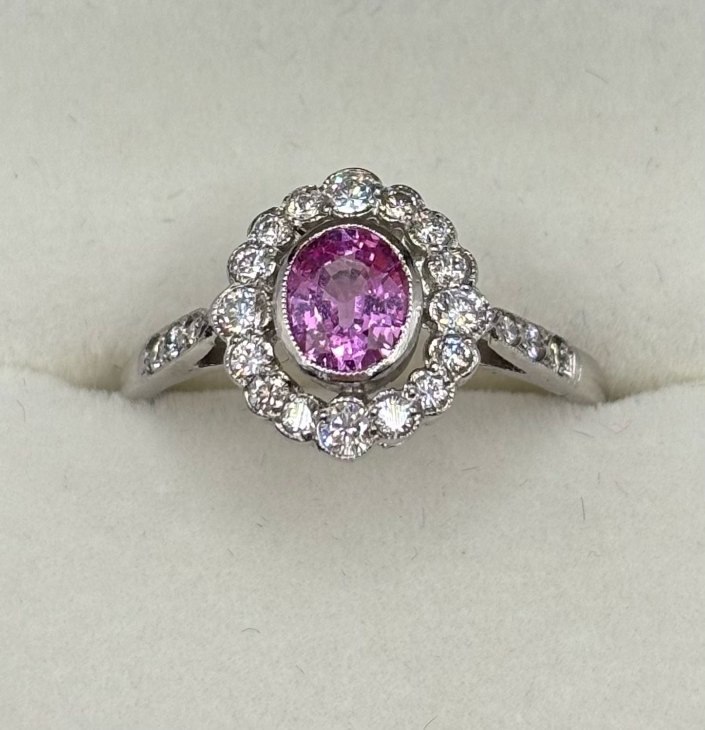 Very Pretty .80ct Oval Pink Sapphire & .40ct Diamond Halo Ring Set In Platinum