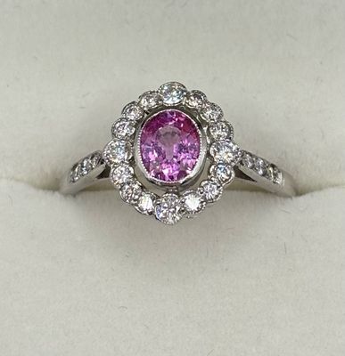 Very Pretty .80ct Oval Pink Sapphire & .40ct Diamond Halo Ring Set In Platinum