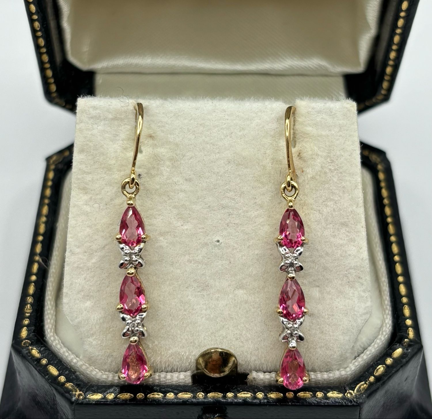 Vintage 9ct Yellow Gold Pink Sapphire & Diamond Drop Earrings